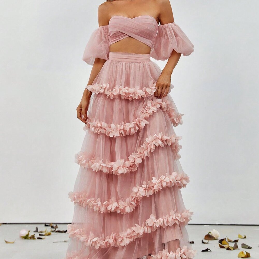 Dusty Pink Party Women's Off-Shoulder Crop Top & Ruffled Tulle Skirt Set - Picture 5 of 6